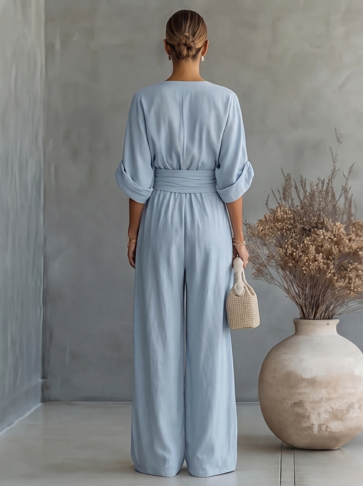 Women's Casual V-Neck Wide Leg Cotton Jumpsuit