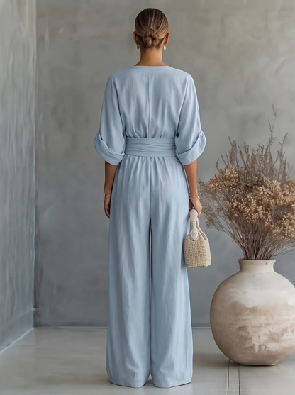 Women's Casual V-Neck Wide Leg Cotton Jumpsuit