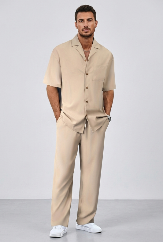 Men's Casual Cotton Short Sleeve Shirt and Trousers Set