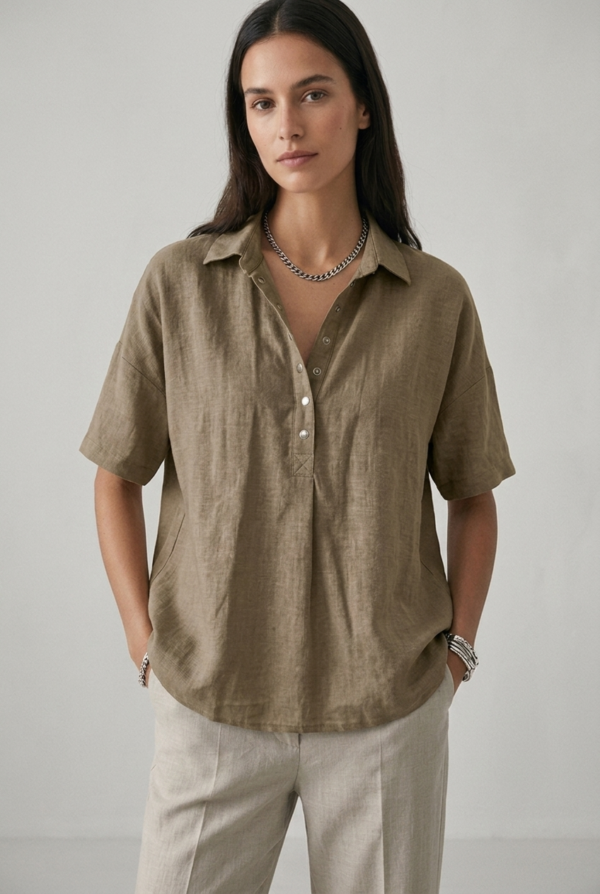 Women's Classic Cotton Short Sleeve Button Blouse