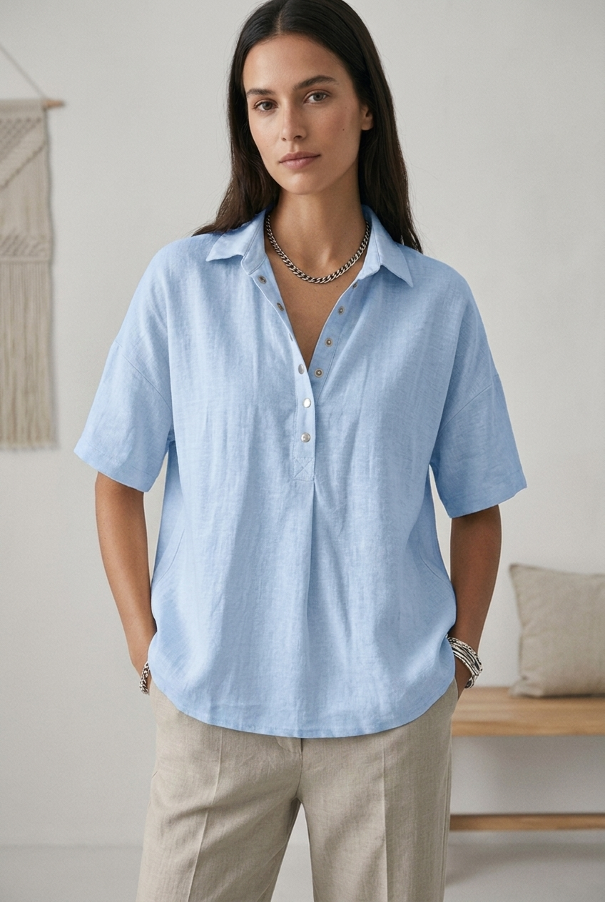 Women's Classic Cotton Short Sleeve Button Blouse