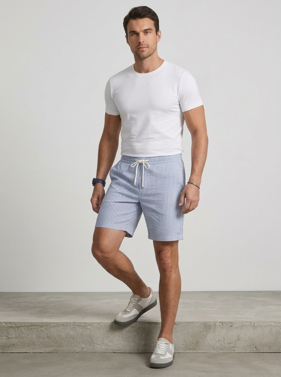 Men's Casual Cotton Striped Drawstring Waist Shorts