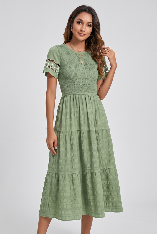 Women's Boho Tiered Ruffle Detail A-Line Midi Dress