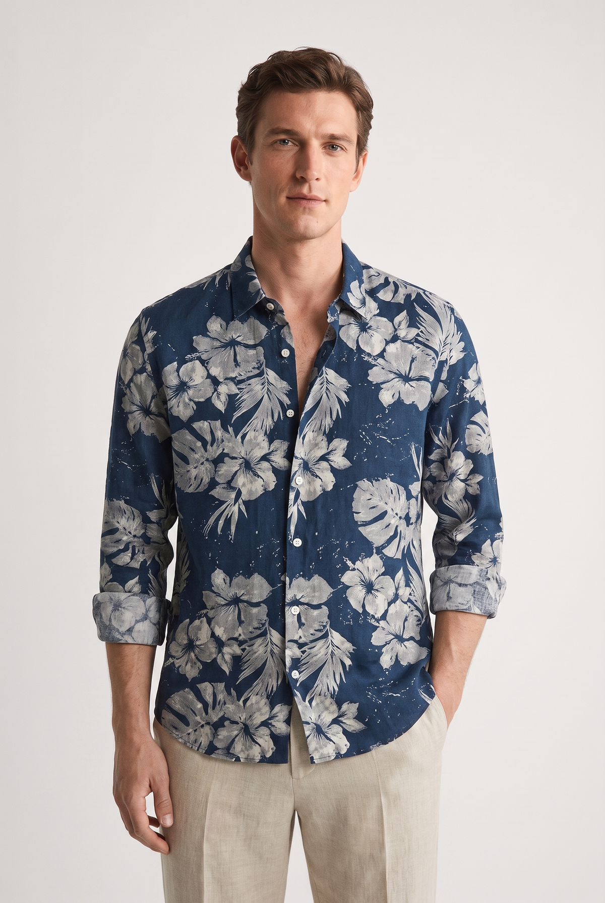 Men's Casual Floral Print Slim Fit Cotton Shirt