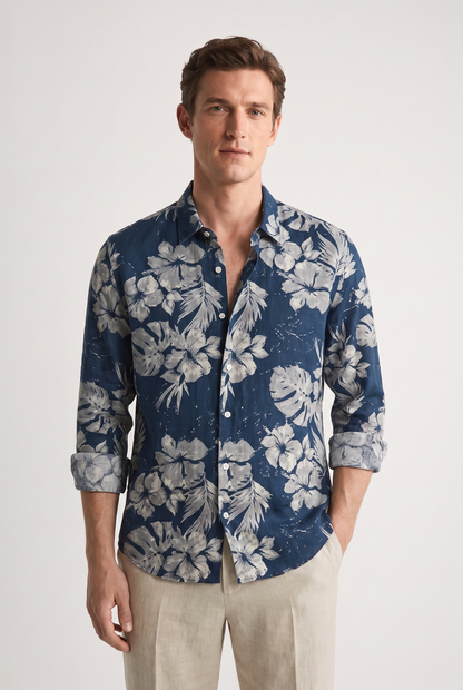 Men's Casual Floral Print Slim Fit Cotton Shirt