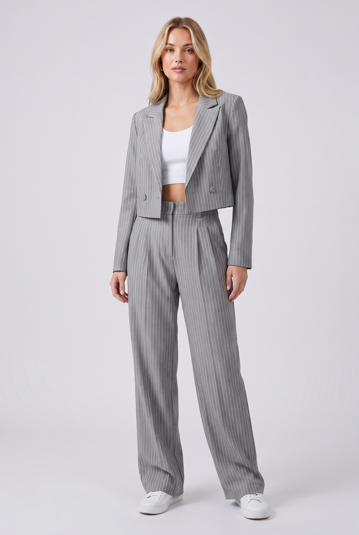 Women's Casual Striped Cotton Suit Set with Cropped Top and Pants