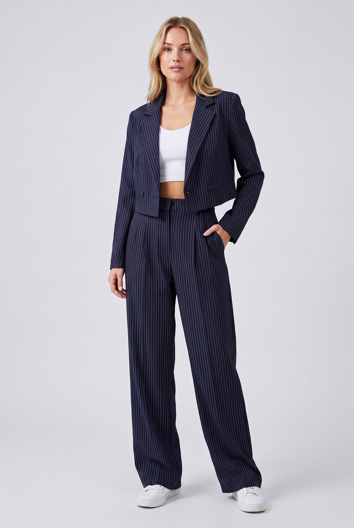 Women's Casual Striped Cotton Suit Set with Cropped Top and Pants