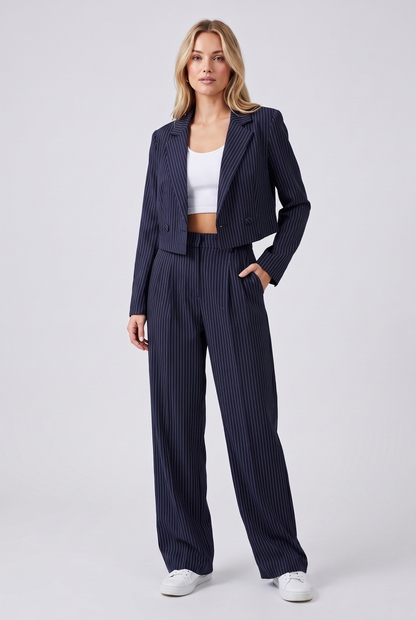 Women's Casual Striped Cotton Suit Set with Cropped Top and Pants
