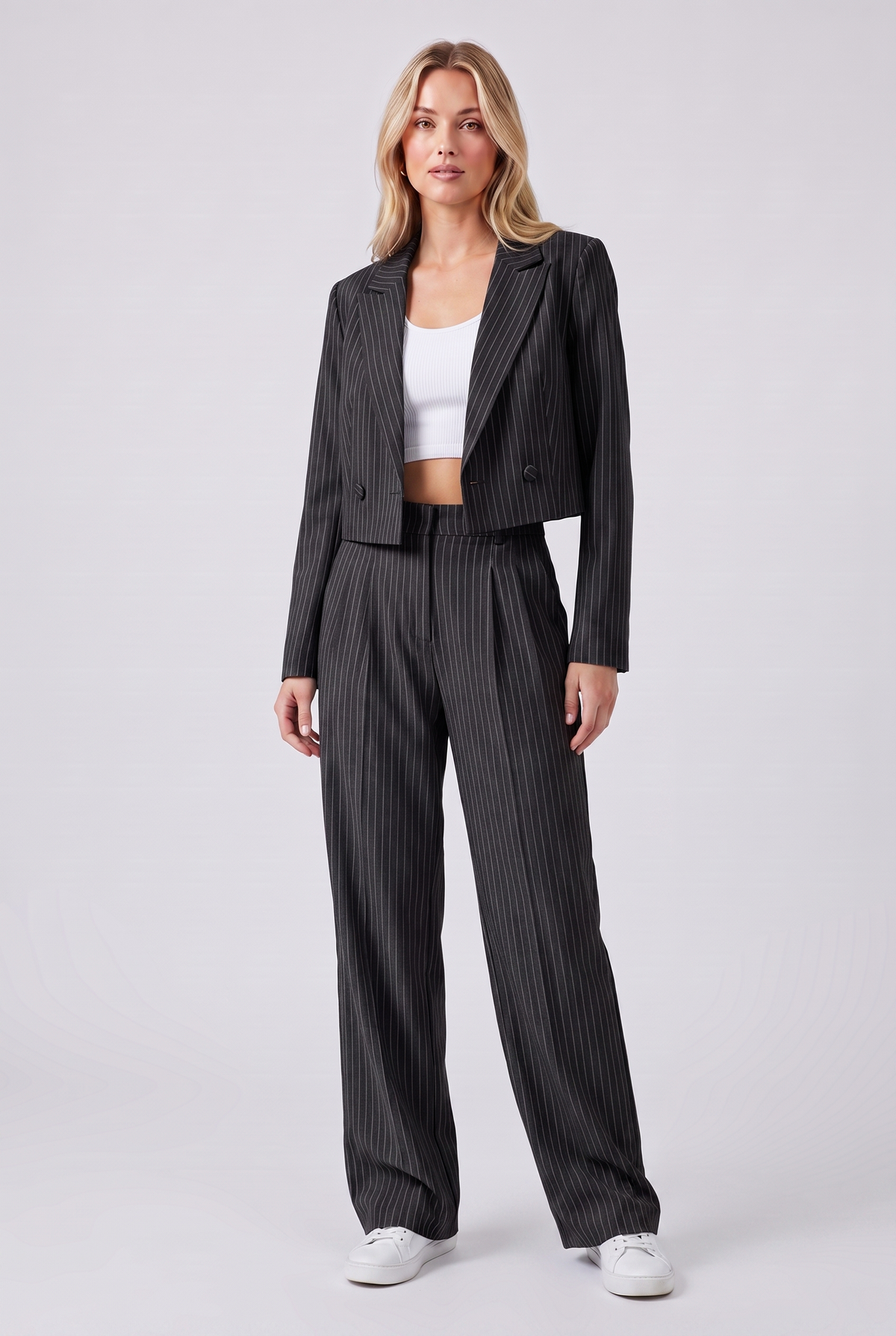 Women's Casual Striped Cotton Suit Set with Cropped Top and Pants