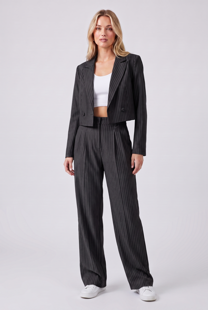 Women's Casual Striped Cotton Suit Set with Cropped Top and Pants