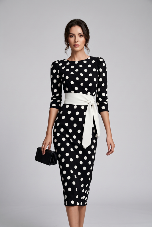 Women's Elegant Polka-Dot Belted Bodycon Dress