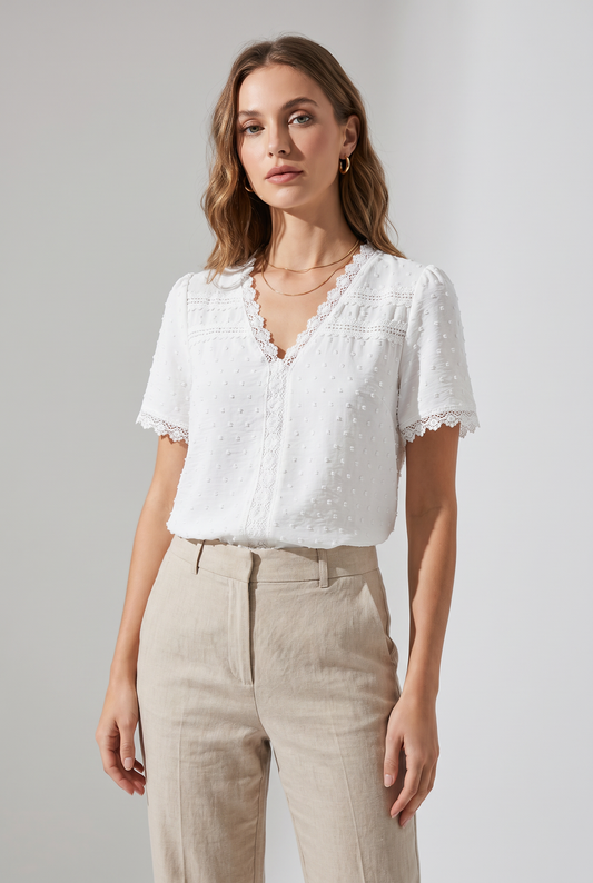 Women's Elegant Lace V-Neck Short Sleeve Blouse