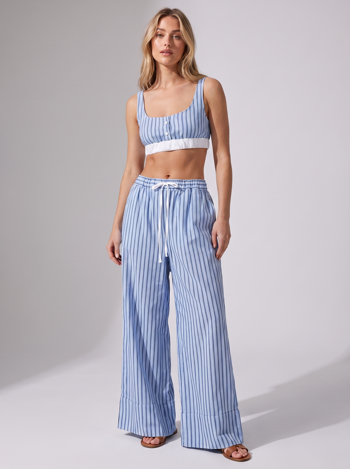 Women's Casual Cotton Blend Striped Tank Top and Stretch Trousers Set
