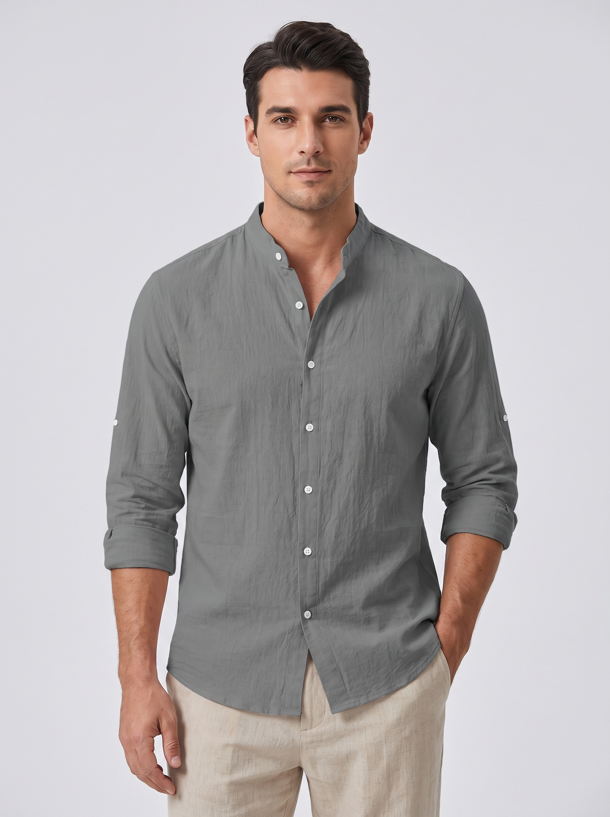 Men's Casual Linen Standing Collar Shirt