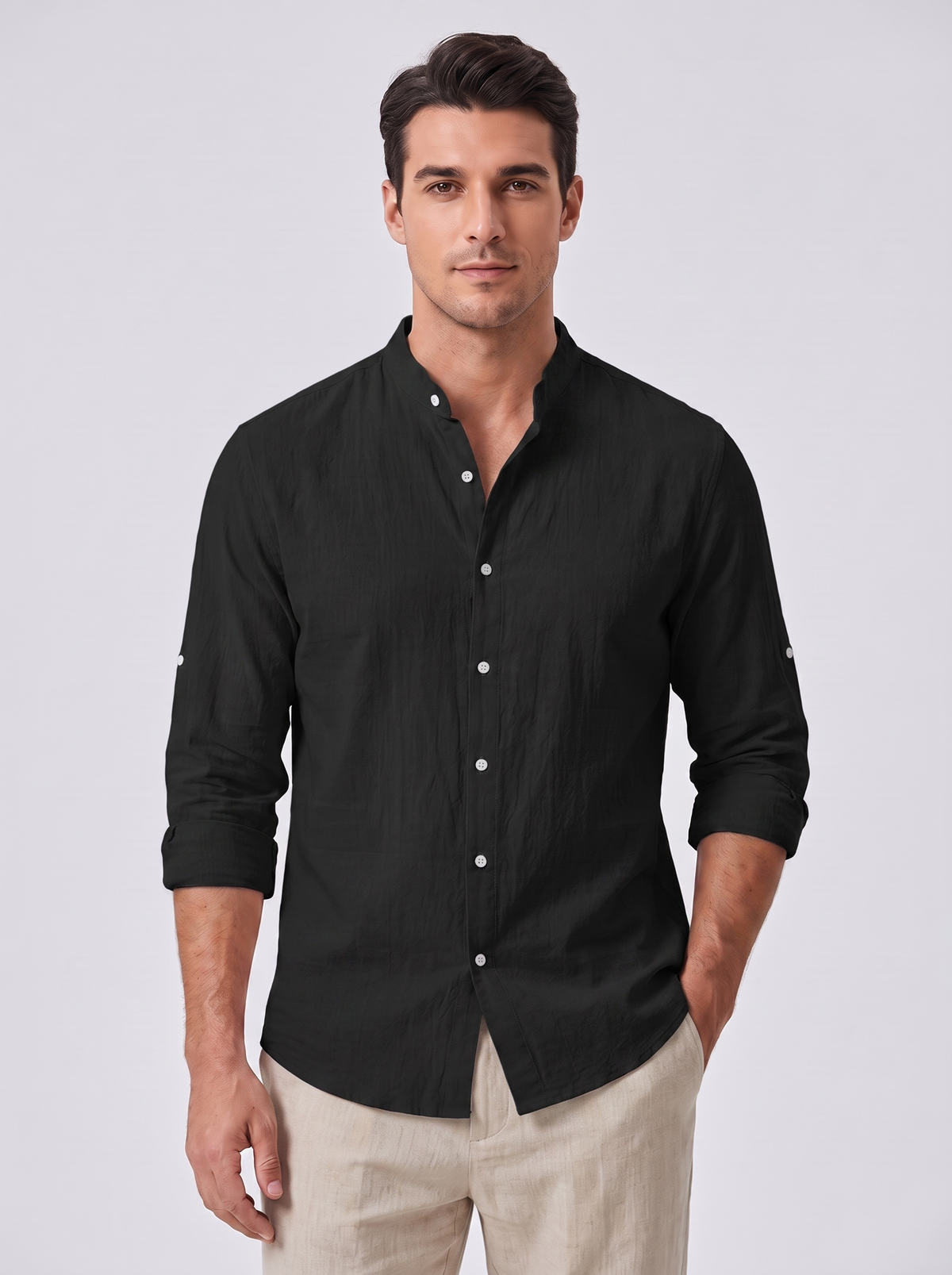 Men's Casual Linen Standing Collar Shirt
