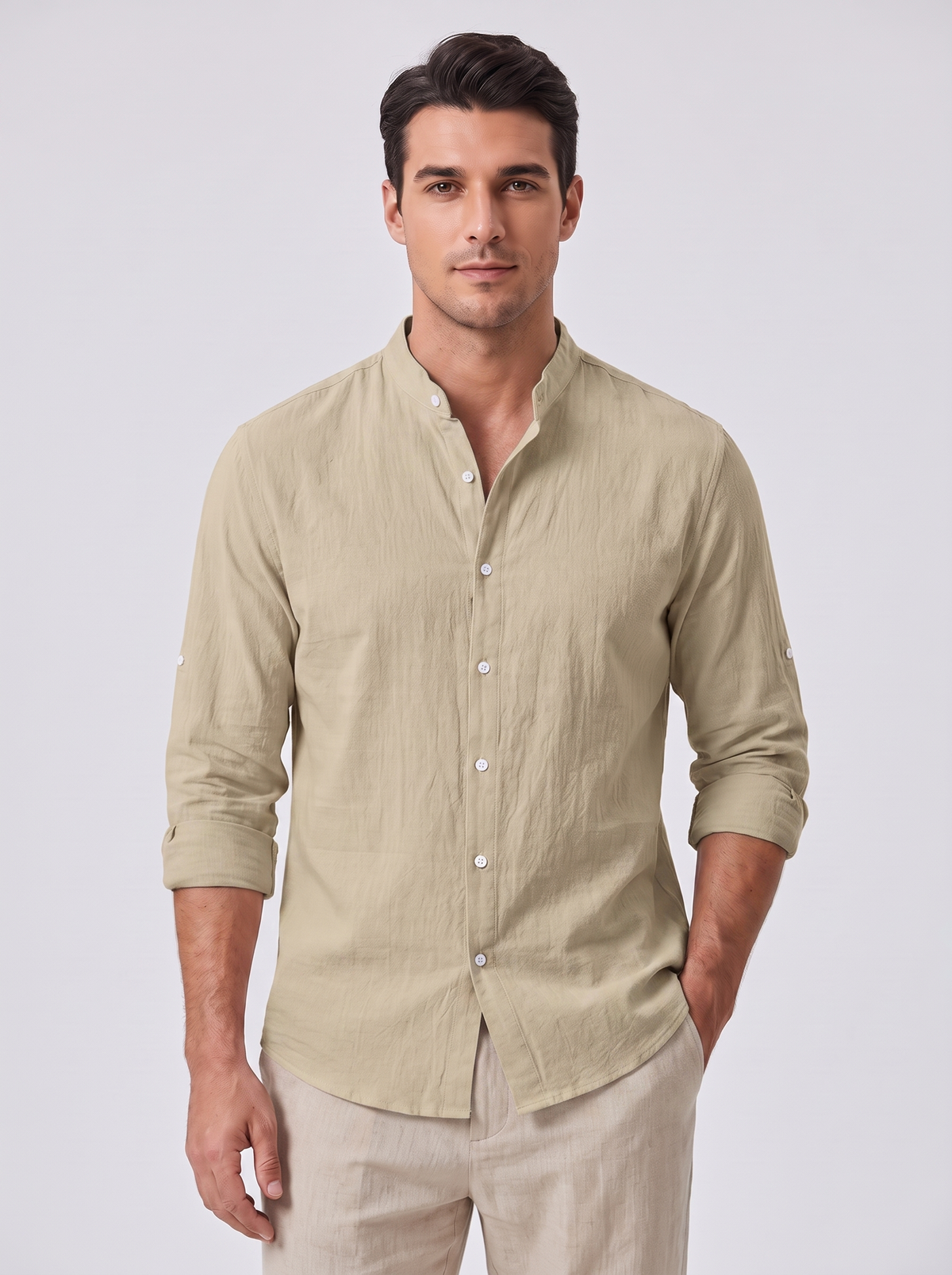 Men's Casual Linen Standing Collar Shirt