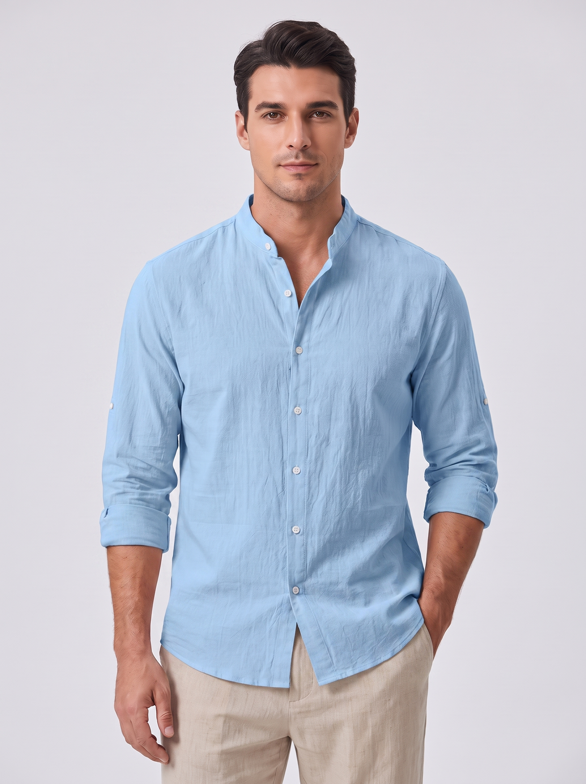 Men's Casual Linen Standing Collar Shirt