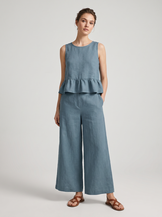 Women's Casual Cotton Tank Top with Ruffled Hem and Cropped Pants Set