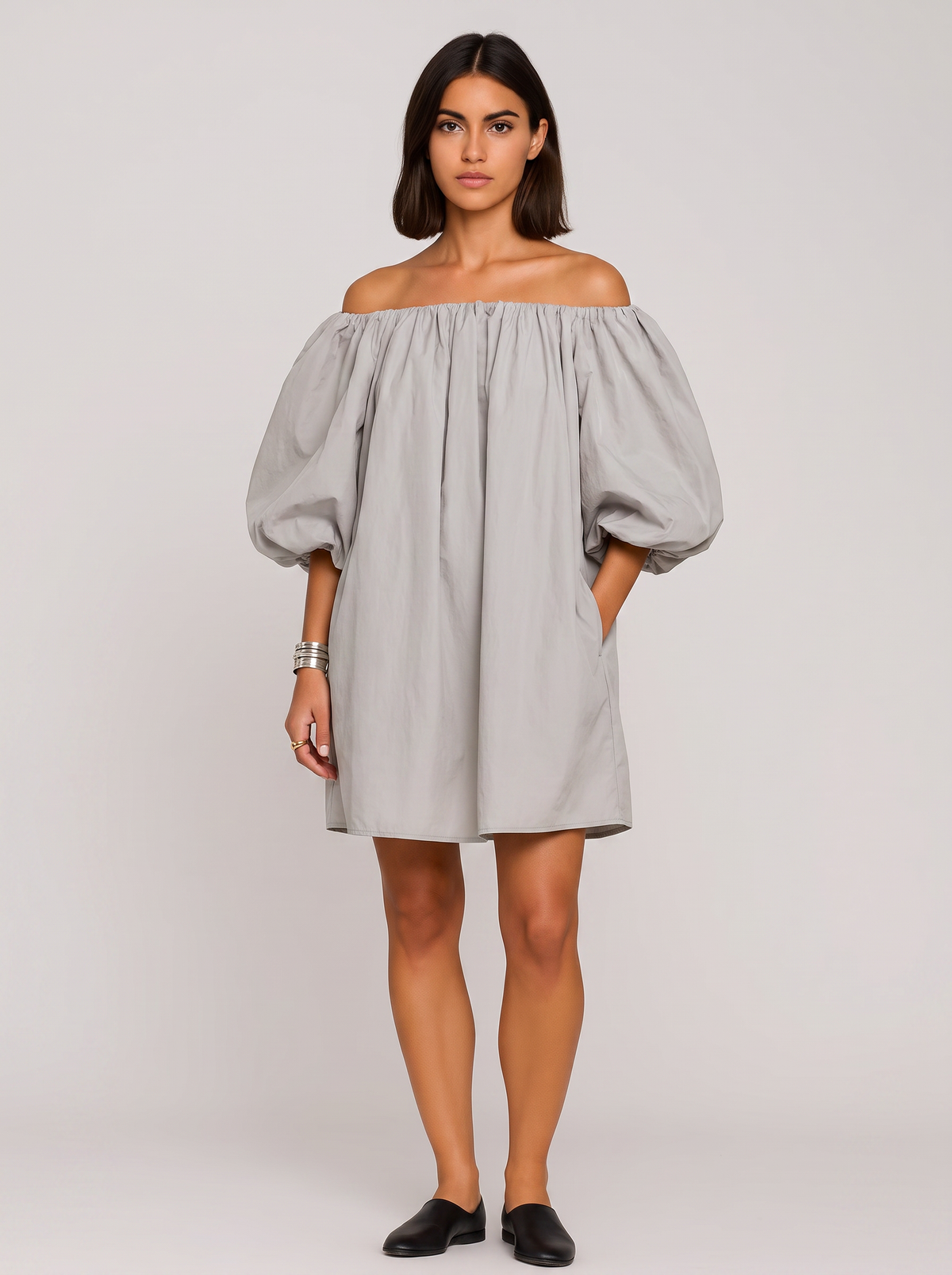Women's Casual Cotton Off-Shoulder Mini Dress with Voluminous Sleeves
