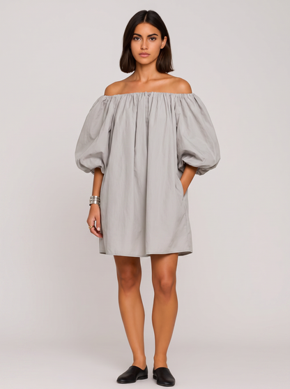 Women's Casual Cotton Off-Shoulder Mini Dress with Voluminous Sleeves