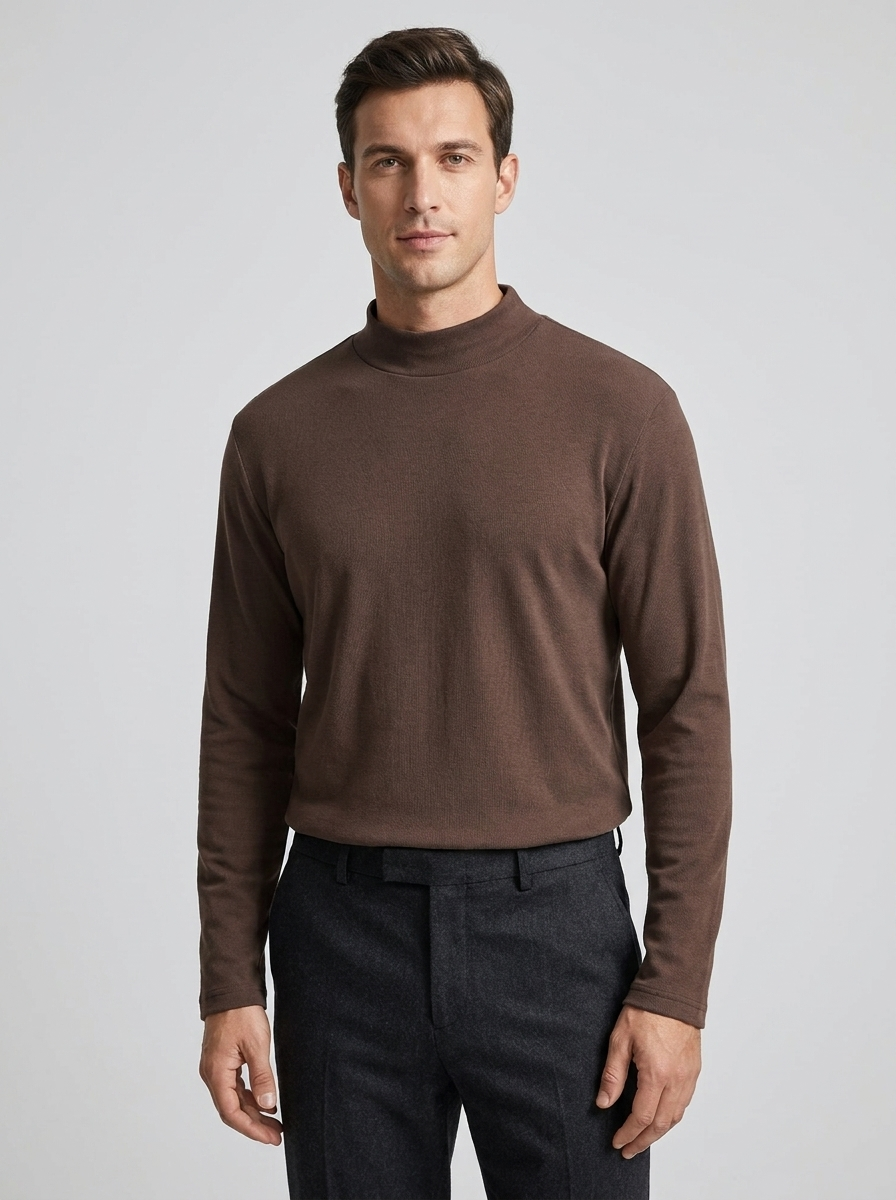 Men's Classic Cotton Long Sleeve Undershirt with Semi-High Collar