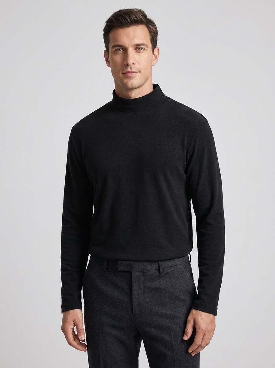 Men's Classic Cotton Long Sleeve Undershirt with Semi-High Collar