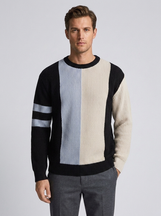 Men's Casual Cotton Round Neck Pullover Sweater with Contrast Design