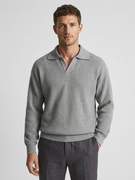 Men's Casual Loose Cotton Long Sleeve Polo Shirt