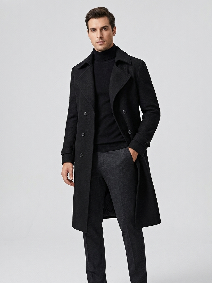Men's Classic Wool Double Breasted Trench Coat