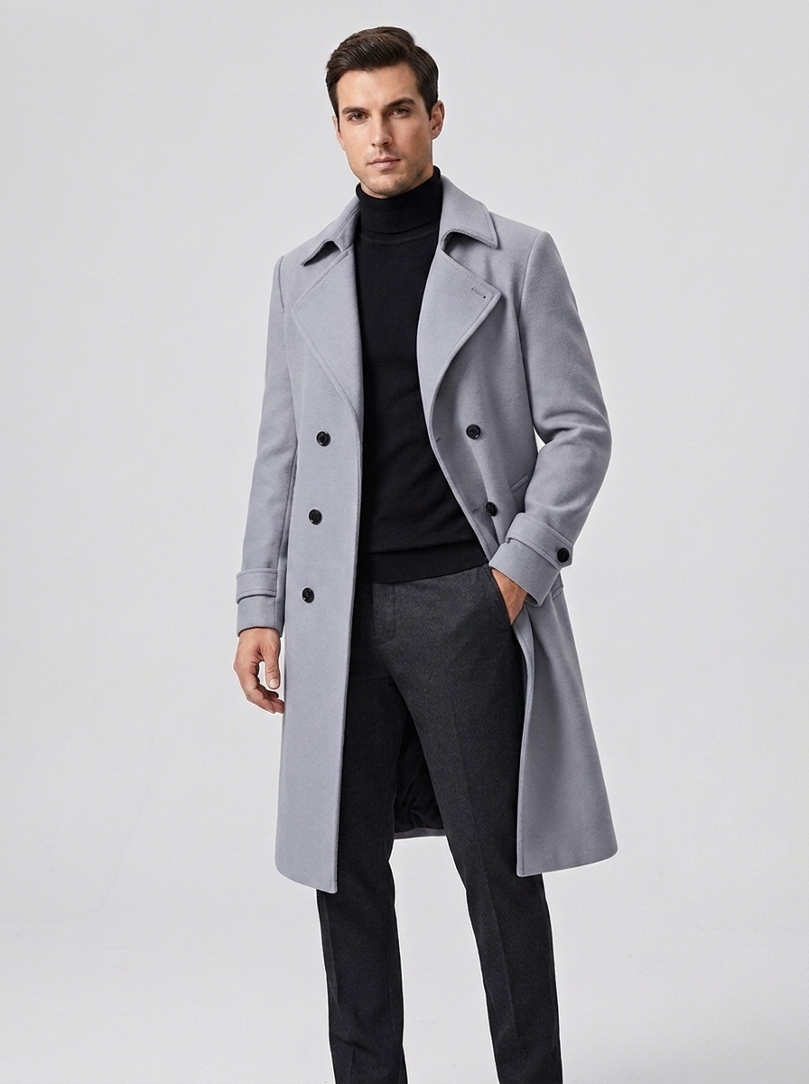 Men's Classic Wool Double Breasted Trench Coat