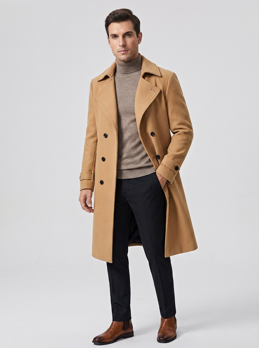 Men's Classic Wool Double Breasted Trench Coat