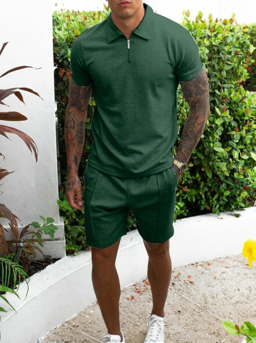 Men's Casual Cotton Slim Fit Short Sleeve Quarter-Zip Polo Set
