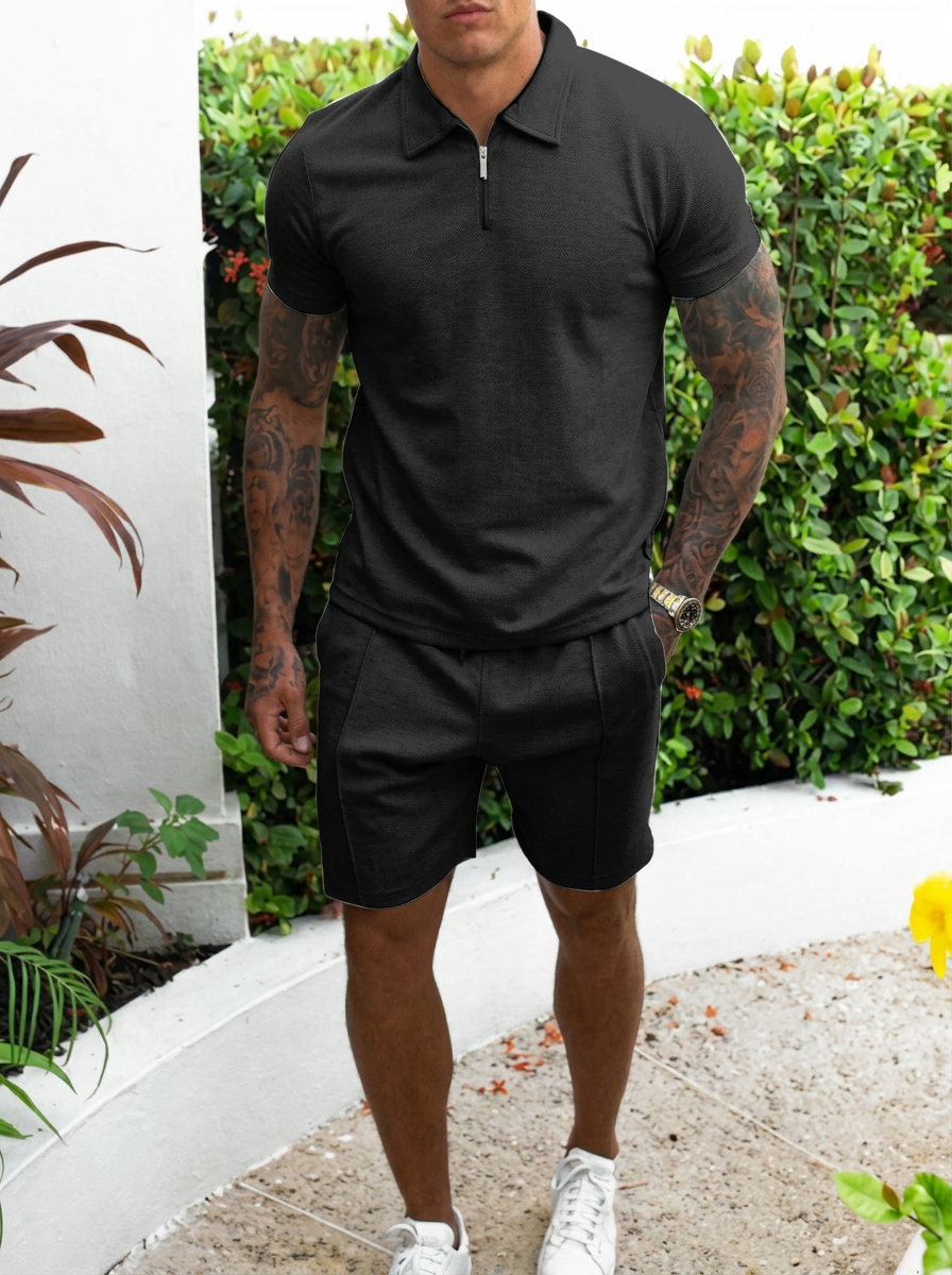 Men's Casual Cotton Slim Fit Short Sleeve Quarter-Zip Polo Set
