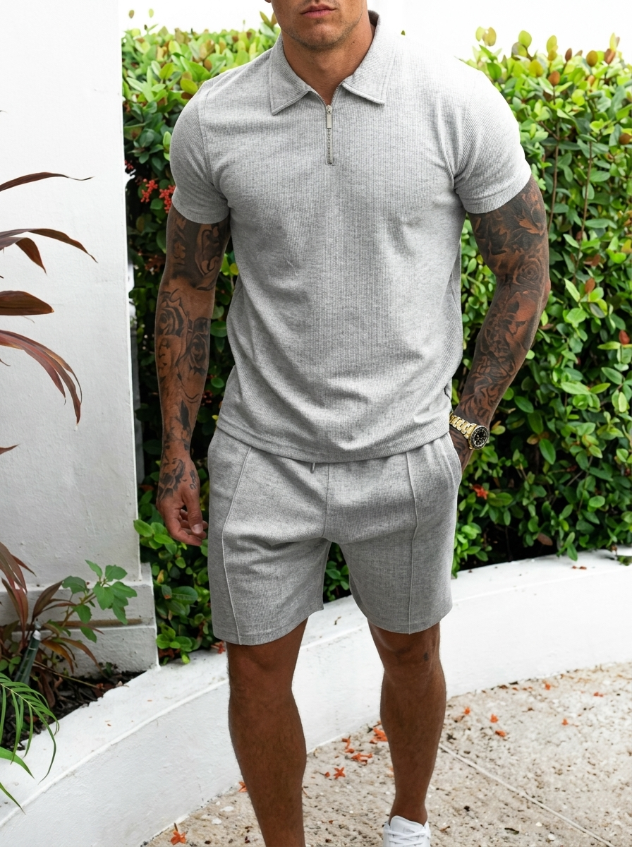 Men's Casual Cotton Slim Fit Short Sleeve Quarter-Zip Polo Set