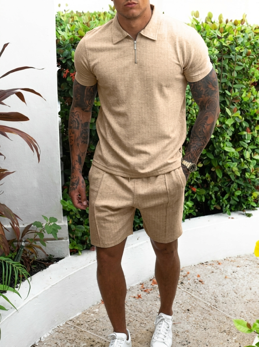 Men's Casual Cotton Slim Fit Short Sleeve Quarter-Zip Polo Set