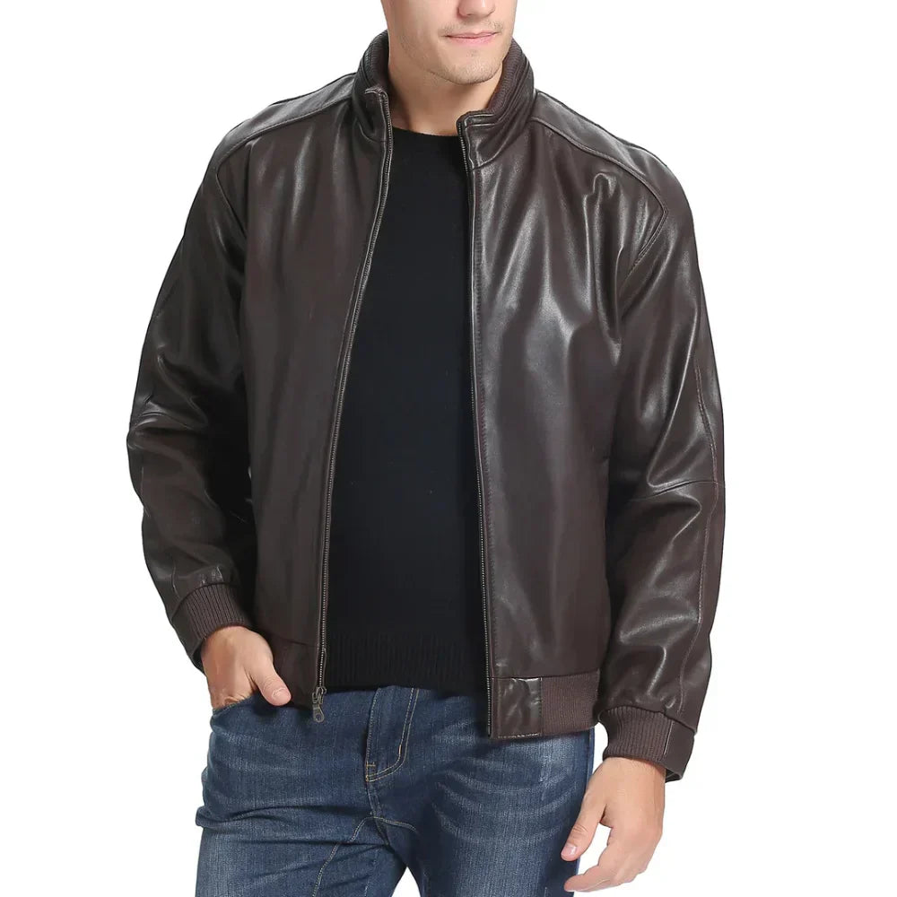 Men's Lambskin Leather Bomber Jacket Chocolate Brown - OutfitLondon