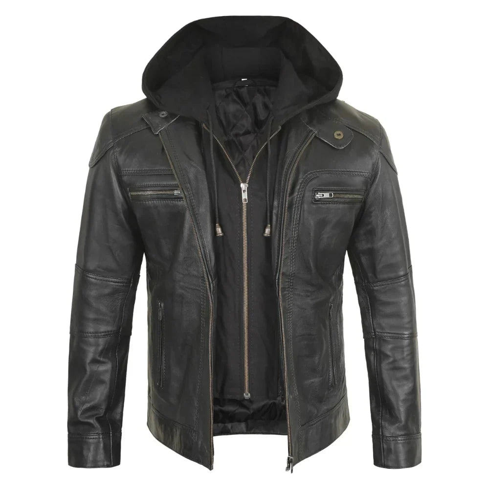 Men's Black Leather Biker Jacket Removable Hood - OutfitLondon