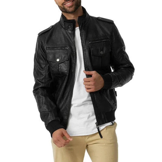 Men's Leather Bomber Jacket Black Durable Zipper - OutfitLondon