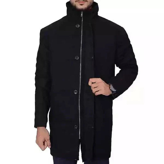 Men's High Neck Wool Coat Black Button Front - OutfitLondon