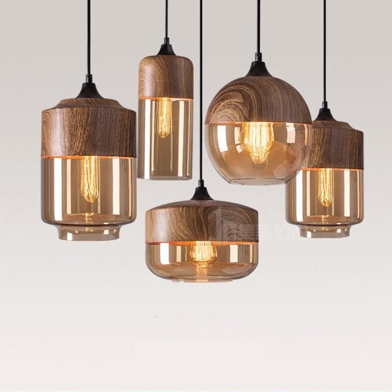 Vintage Industrial LED Pendant Light with Wood Tone - OutfitLondon