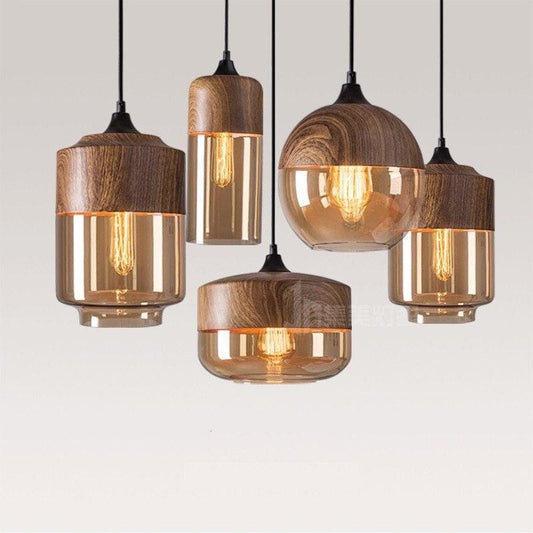 Vintage Industrial LED Pendant Light with Wood Tone - OutfitLondon