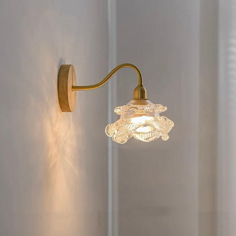 Elegant Floral Glass Wall Sconce with Wood Accent