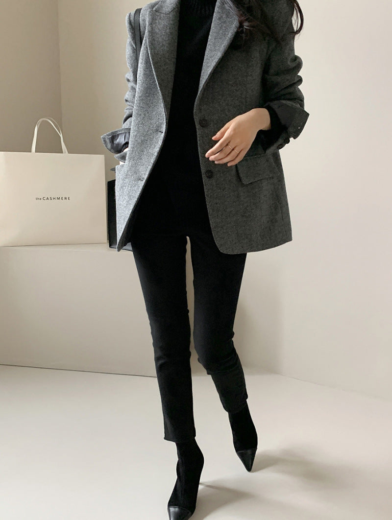 Fitted Grey Women's Coat with Pockets