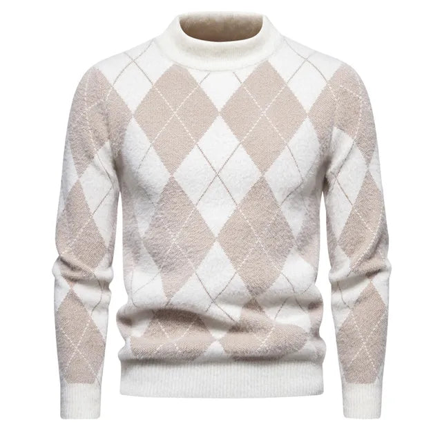 Classic Argyle Wool Crew Neck Sweater for Men