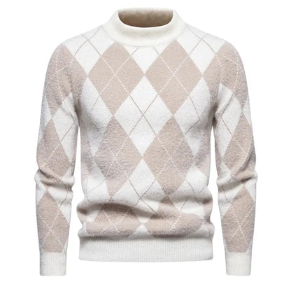 Classic Argyle Wool Crew Neck Sweater for Men