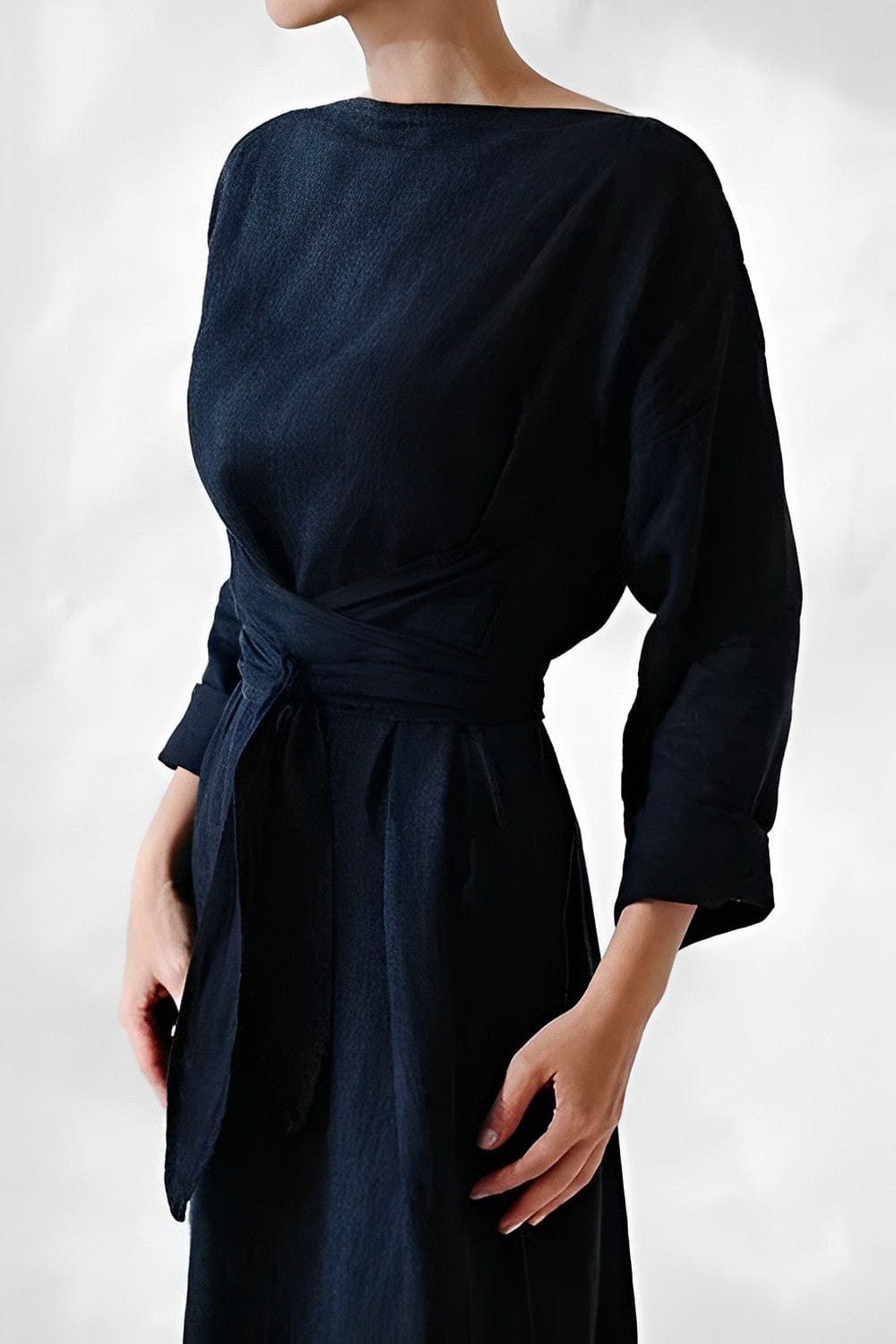 Loose Fit Casual Linen Sundress with Waist Belt - OutfitLondon