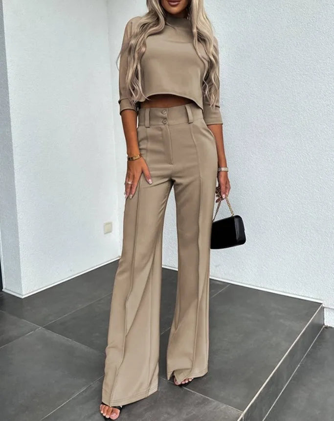 Trendy Women's Crop Top and High Waist Pants Set