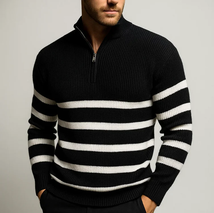 Men's Striped Zip Sweater Black And White Knit - OutfitLondon