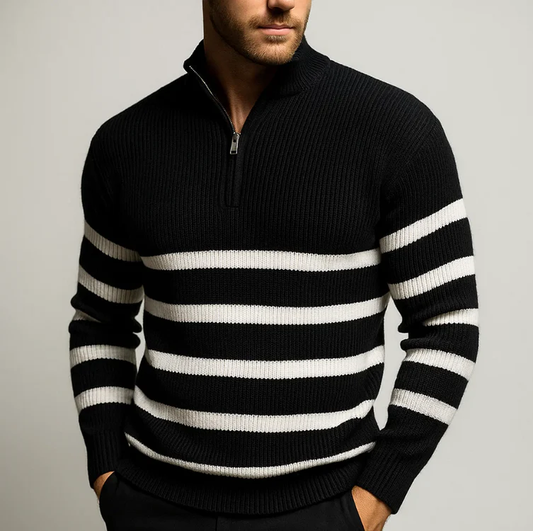 Men's Striped Zip Sweater Black And White Knit - OutfitLondon