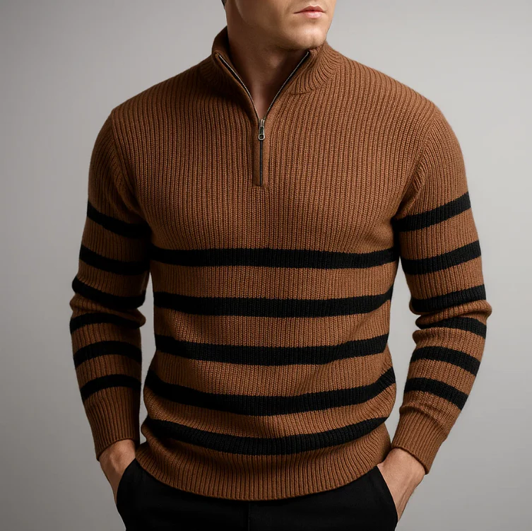 Men's Striped Zip Sweater Black And White Knit